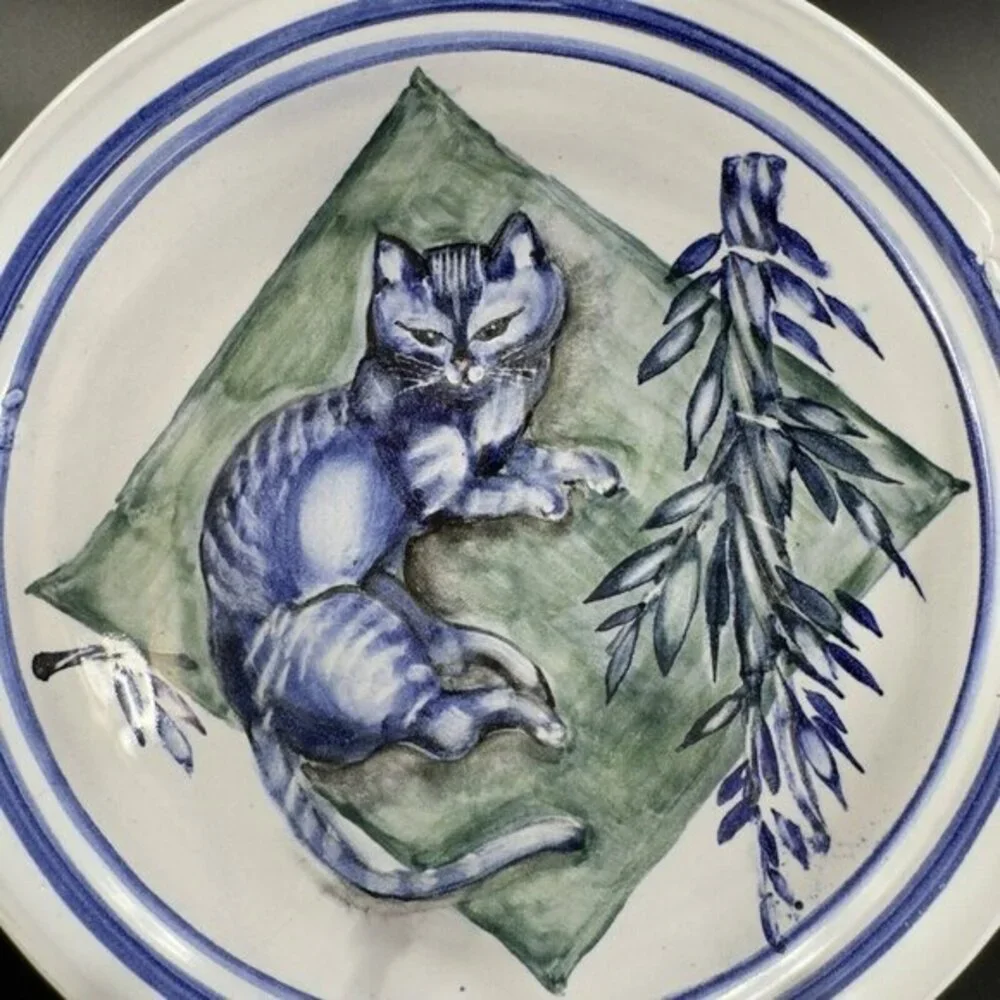 Hand Made Folk Art RedWare Dish Platter Blue Cat Kitty With‎ Handles Marked VTG
